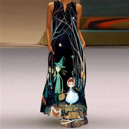 Sexy V-neck Sleeveless Dress For Women Fashion Retro Print Long Dresses With Pocket Maxi Dress