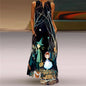 Sexy V-neck Sleeveless Dress For Women Fashion Retro Print Long Dresses With Pocket Maxi Dress