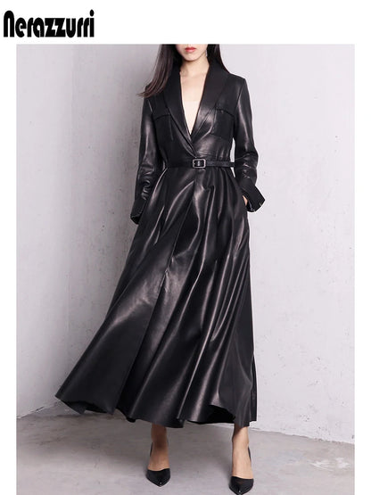Red Black Maxi Pu Leather Trench Coat for Women Extra Long Skirted