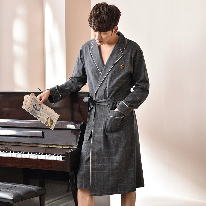 Spring/ Autumn Bathrobe Men 100% Cotton sleep top Kimono Robes  Long Bath Robe