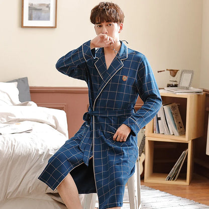 Spring/ Autumn Bathrobe Men 100% Cotton sleep top Kimono Robes  Long Bath Robe