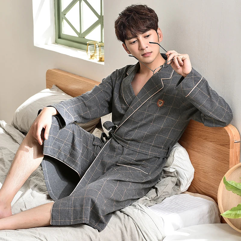 Spring/ Autumn Bathrobe Men 100% Cotton sleep top Kimono Robes  Long Bath Robe