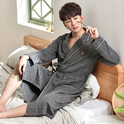 Spring/ Autumn Bathrobe Men 100% Cotton sleep top Kimono Robes  Long Bath Robe