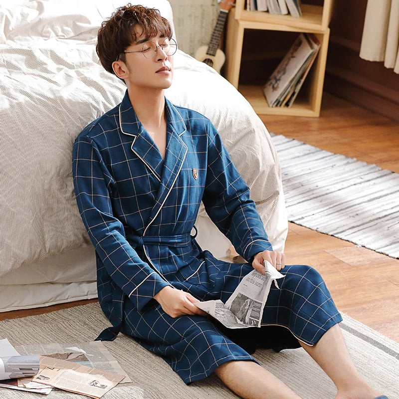 Spring/ Autumn Bathrobe Men 100% Cotton sleep top Kimono Robes  Long Bath Robe