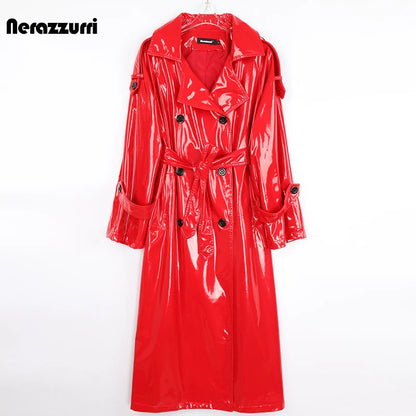 Autumn Long Red Waterproof Shiny Reflective Patent Leather Trench Coat for Women