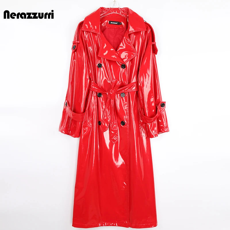 Autumn Long Red Waterproof Shiny Reflective Patent Leather Trench Coat for Women