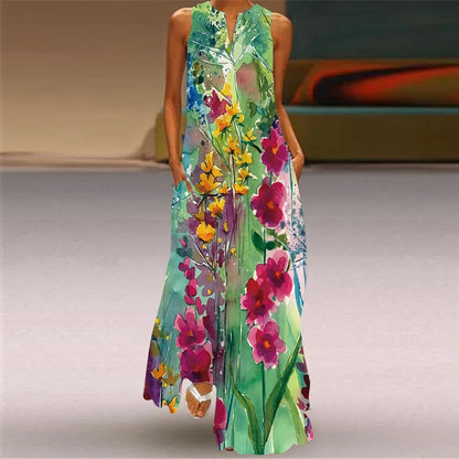 Sexy V-neck Sleeveless Dress For Women Fashion Retro Print Long Dresses With Pocket Maxi Dress