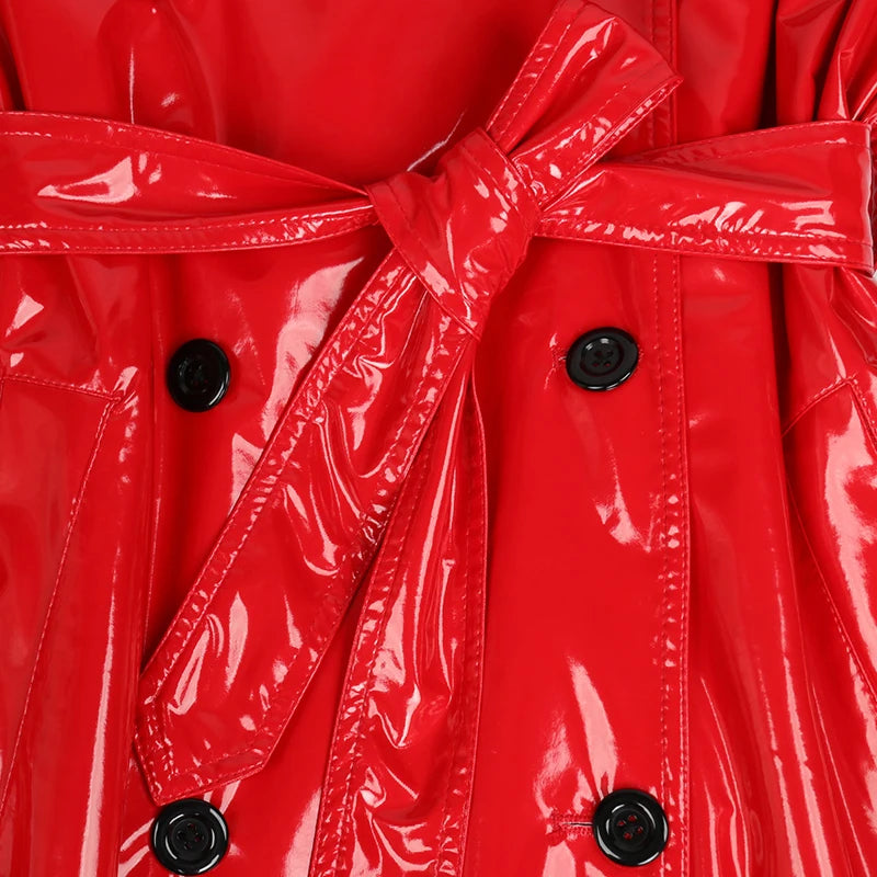 Autumn Long Red Waterproof Shiny Reflective Patent Leather Trench Coat for Women