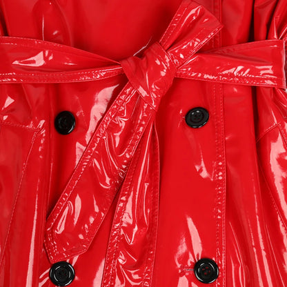 Autumn Long Red Waterproof Shiny Reflective Patent Leather Trench Coat for Women