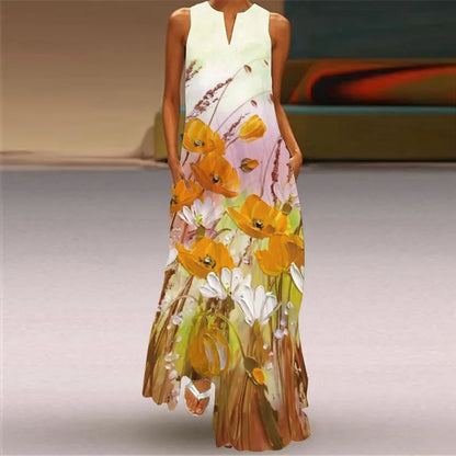 Sexy V-neck Sleeveless Dress For Women Fashion Retro Print Long Dresses With Pocket Maxi Dress