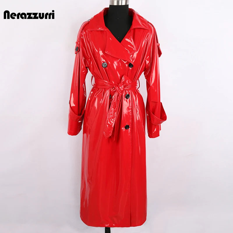 Autumn Long Red Waterproof Shiny Reflective Patent Leather Trench Coat for Women