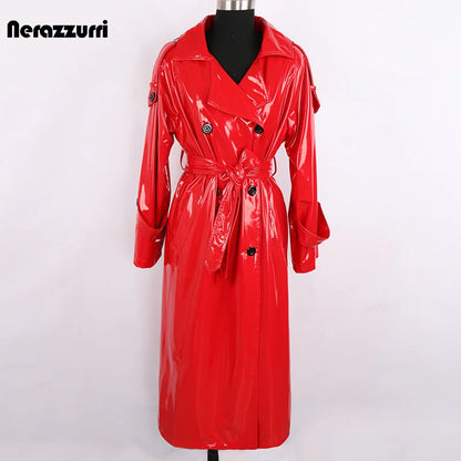 Autumn Long Red Waterproof Shiny Reflective Patent Leather Trench Coat for Women