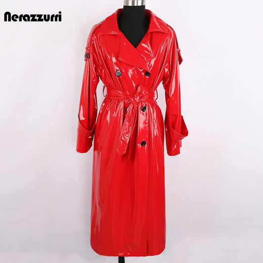 Autumn Long Red Waterproof Shiny Reflective Patent Leather Trench Coat for Women