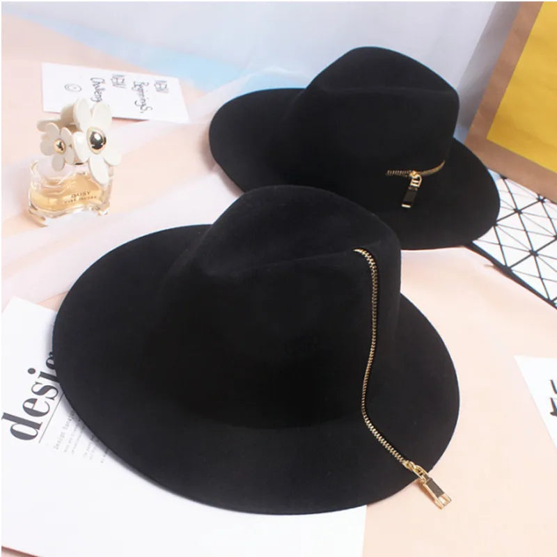 Zipper shallow  fedora hat  woolen hat ladies European punk chain novelty