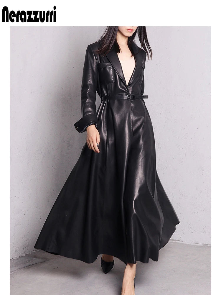 Red Black Maxi Pu Leather Trench Coat for Women Extra Long Skirted