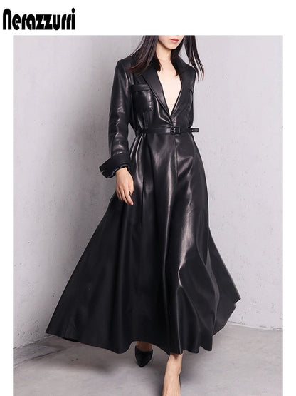 Red Black Maxi Pu Leather Trench Coat for Women Extra Long Skirted