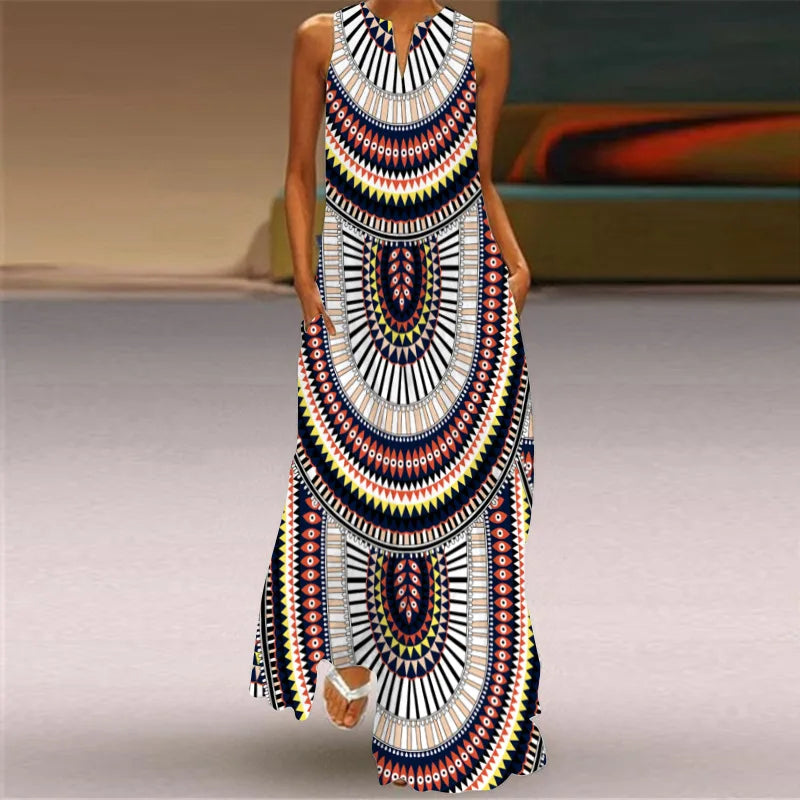 Sexy V-neck Sleeveless Dress For Women Fashion Retro Print Long Dresses With Pocket Maxi Dress
