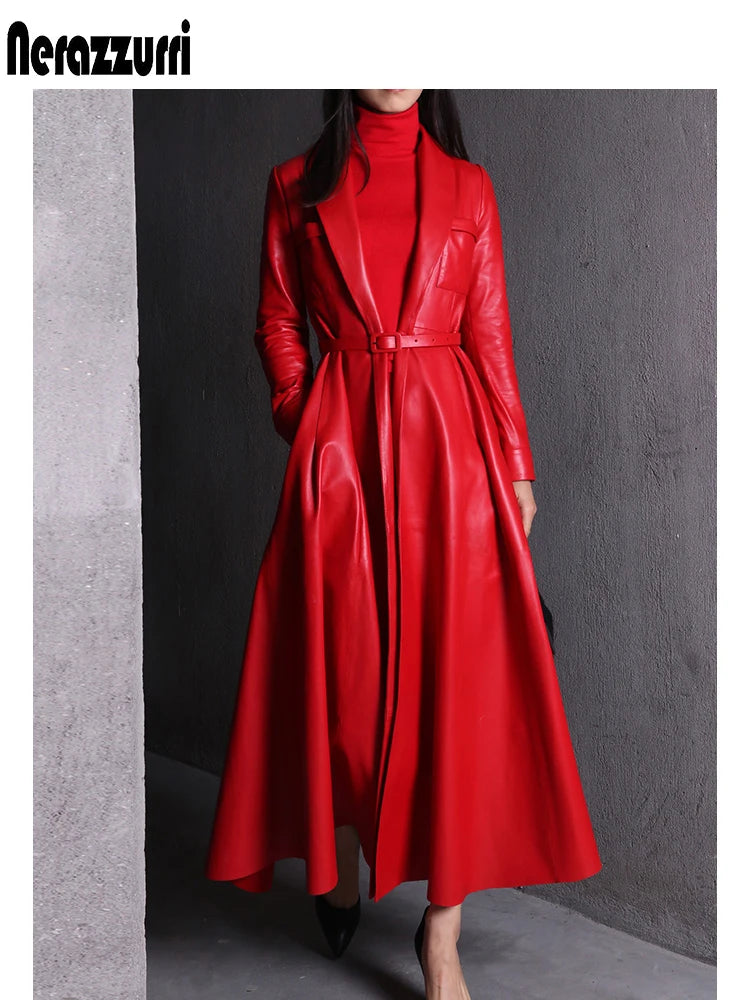 Red Black Maxi Pu Leather Trench Coat for Women Extra Long Skirted