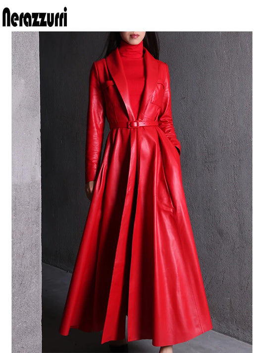 Red Black Maxi Pu Leather Trench Coat for Women Extra Long Skirted