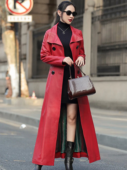 Autumn Maxi Red Pu Leather Trench Coat for Women