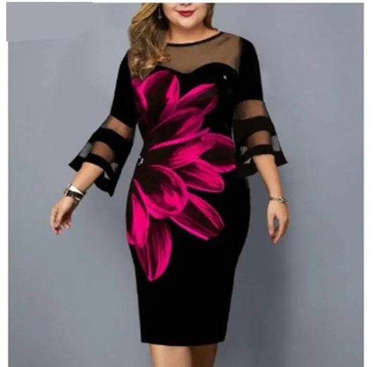 Mesh Patchwork Women Plus Size Dress Spring Vintage Floral Printed
