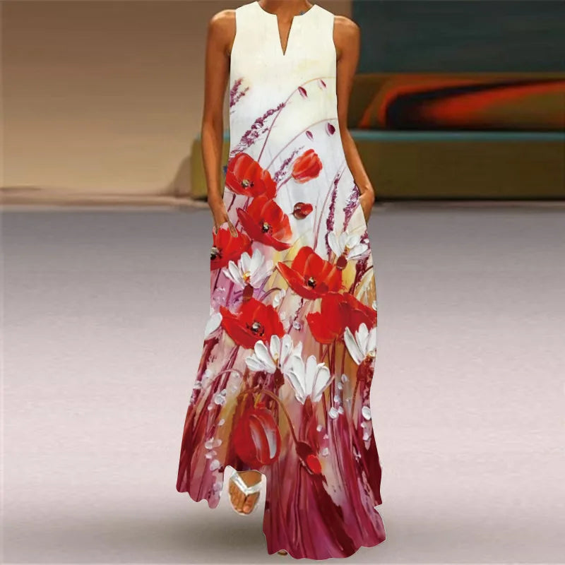 Sexy V-neck Sleeveless Dress For Women Fashion Retro Print Long Dresses With Pocket Maxi Dress