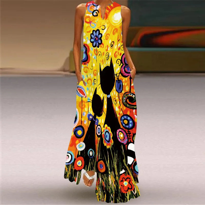Sexy V-neck Sleeveless Dress For Women Fashion Retro Print Long Dresses With Pocket Maxi Dress