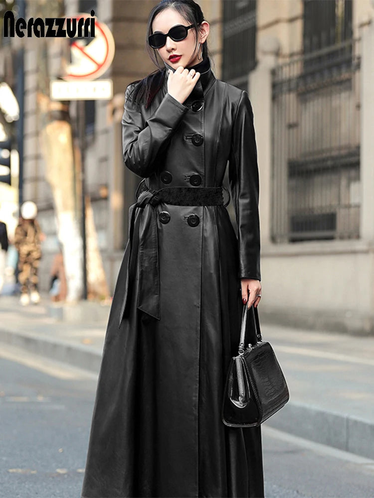 Autumn Maxi Red Pu Leather Trench Coat for Women