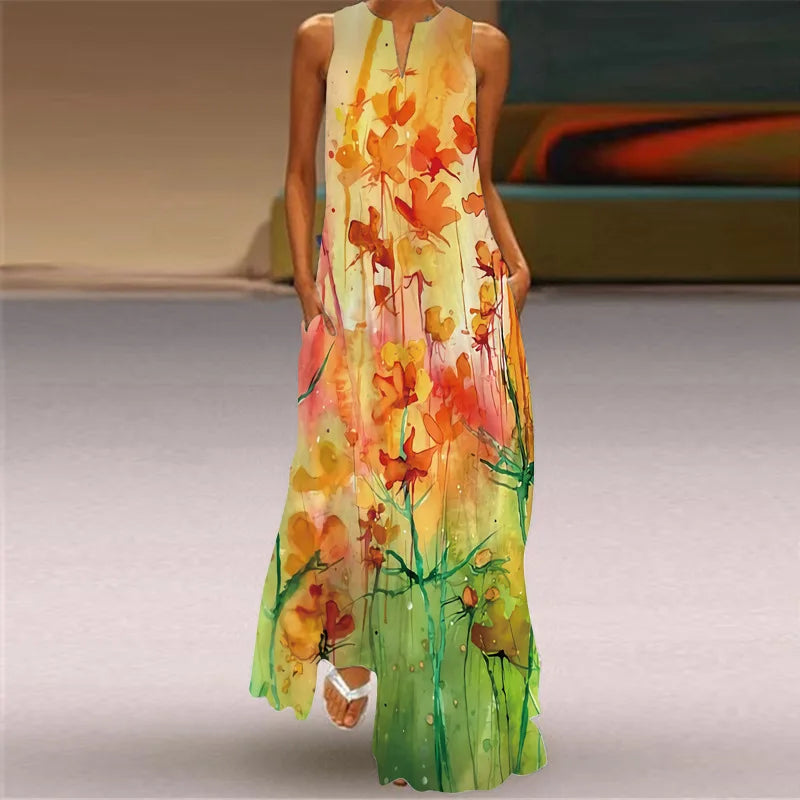 Sexy V-neck Sleeveless Dress For Women Fashion Retro Print Long Dresses With Pocket Maxi Dress