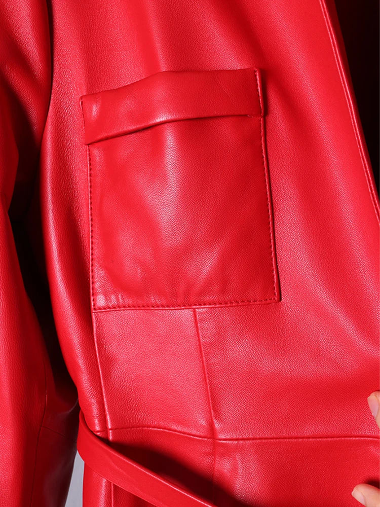 Red Black Maxi Pu Leather Trench Coat for Women Extra Long Skirted
