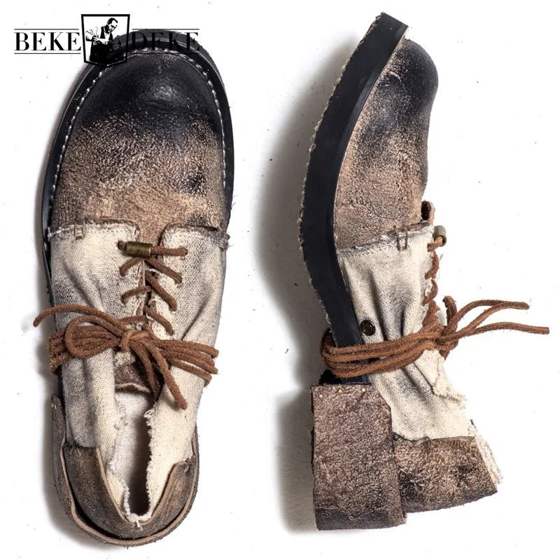 Genuine Leather Cow Shoes Men Vintage Lace-Up Casual Canvas Shoes