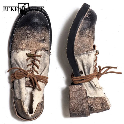 Genuine Leather Cow Shoes Men Vintage Lace-Up Casual Canvas Shoes