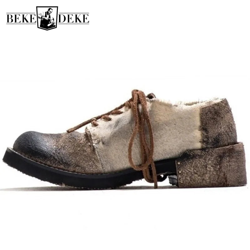 Genuine Leather Cow Shoes Men Vintage Lace-Up Casual Canvas Shoes