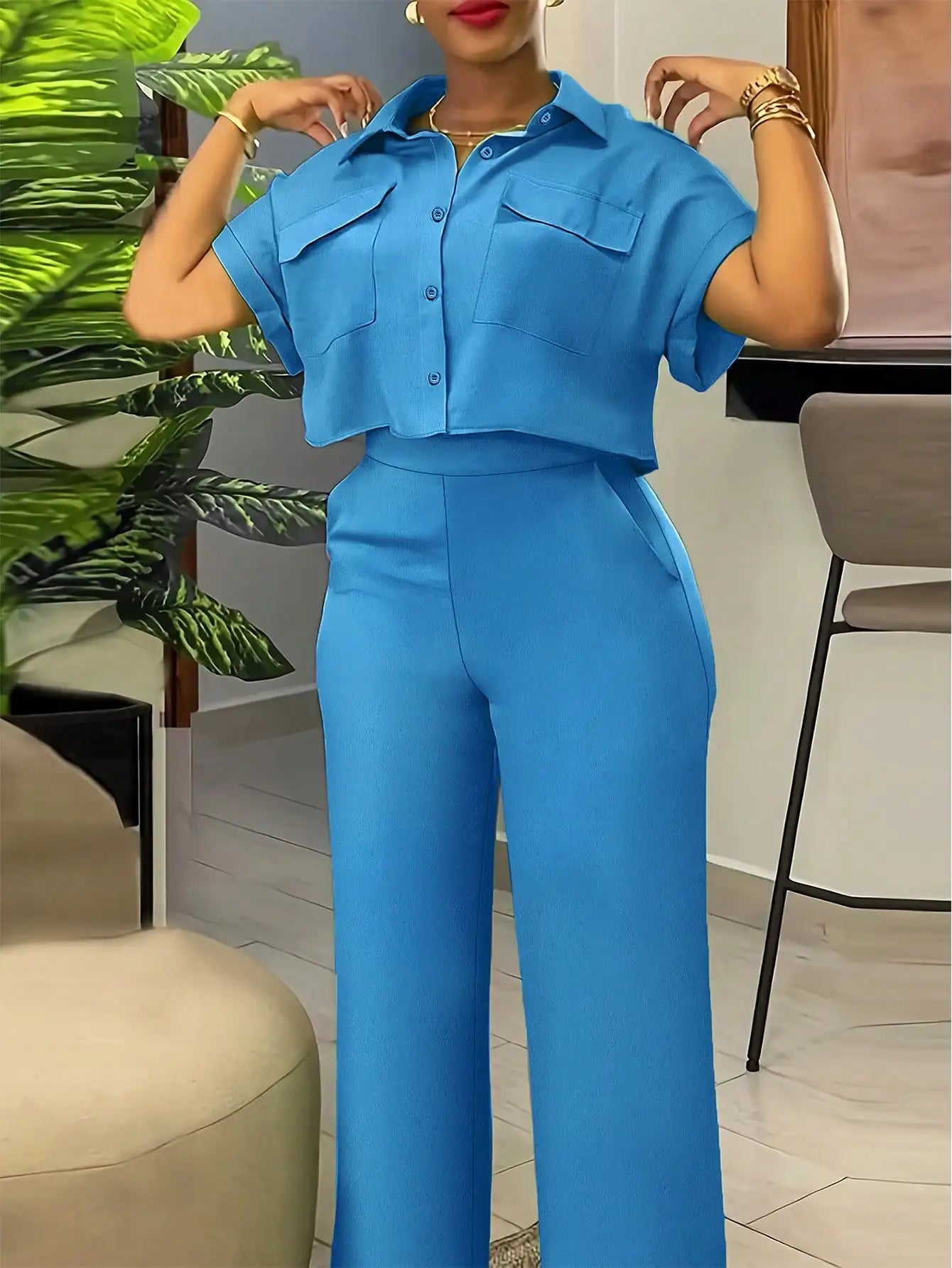 Women Green 2-Piece Short Sleeve Set Button-Up Top and Wide Leg Pants
