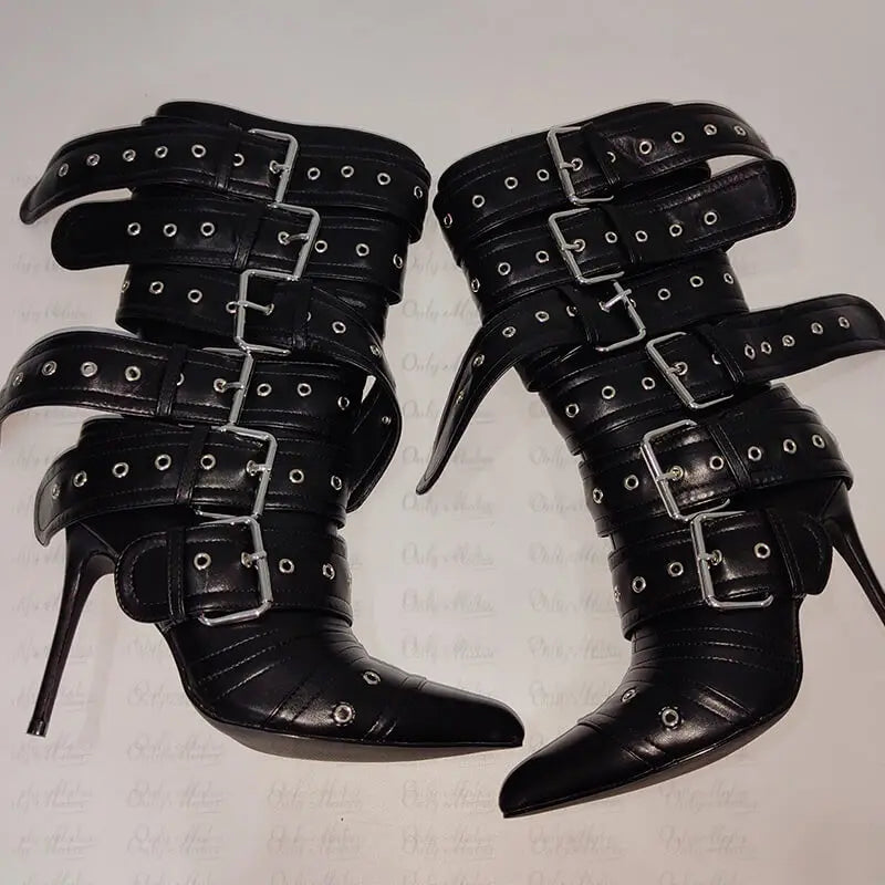 Women Pointed Toe Mid-Calf Boots Buckle Strap Thin High Heel Lady Zipper Female  Stiletto Boots