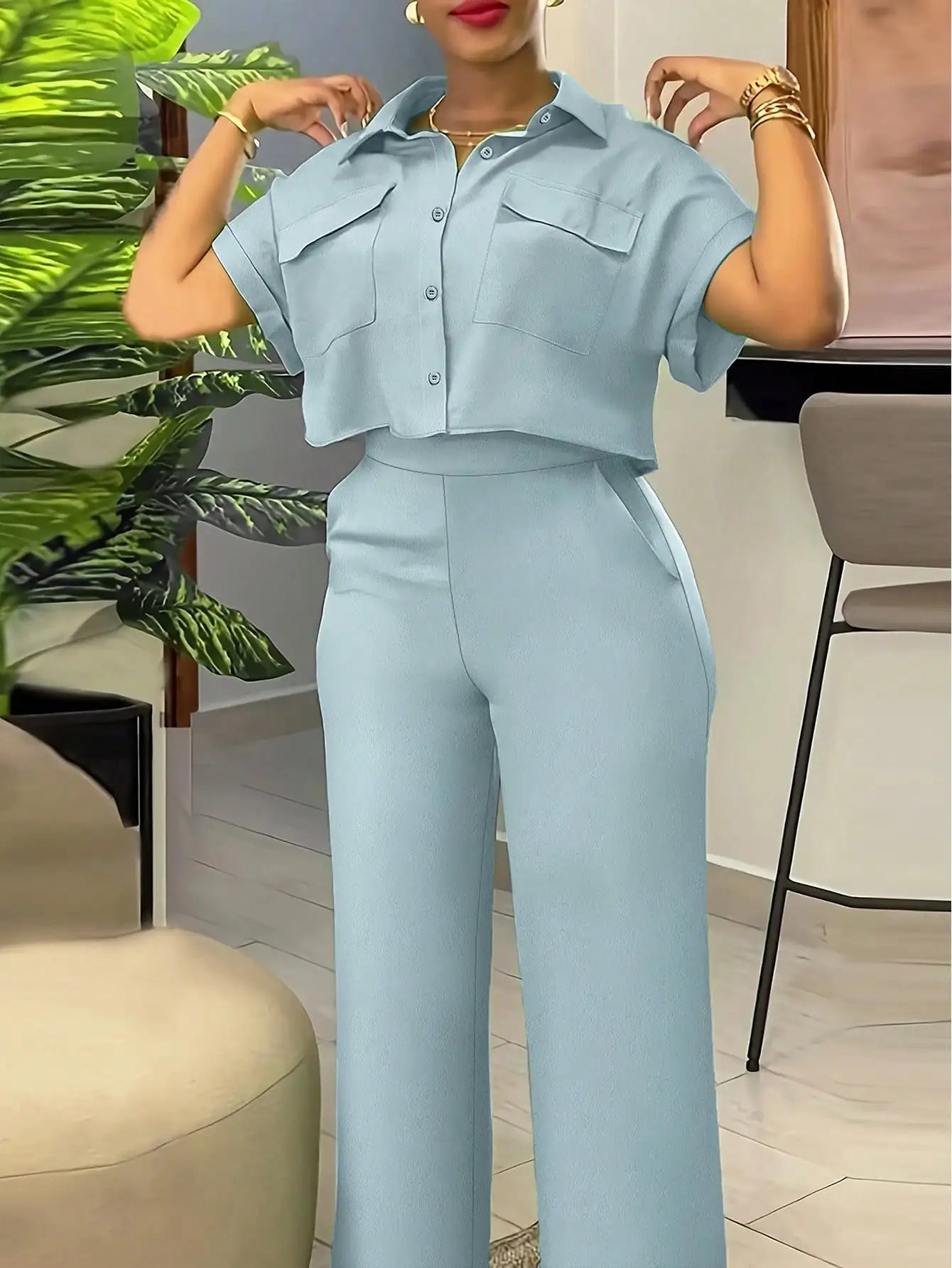 Women Green 2-Piece Short Sleeve Set Button-Up Top and Wide Leg Pants