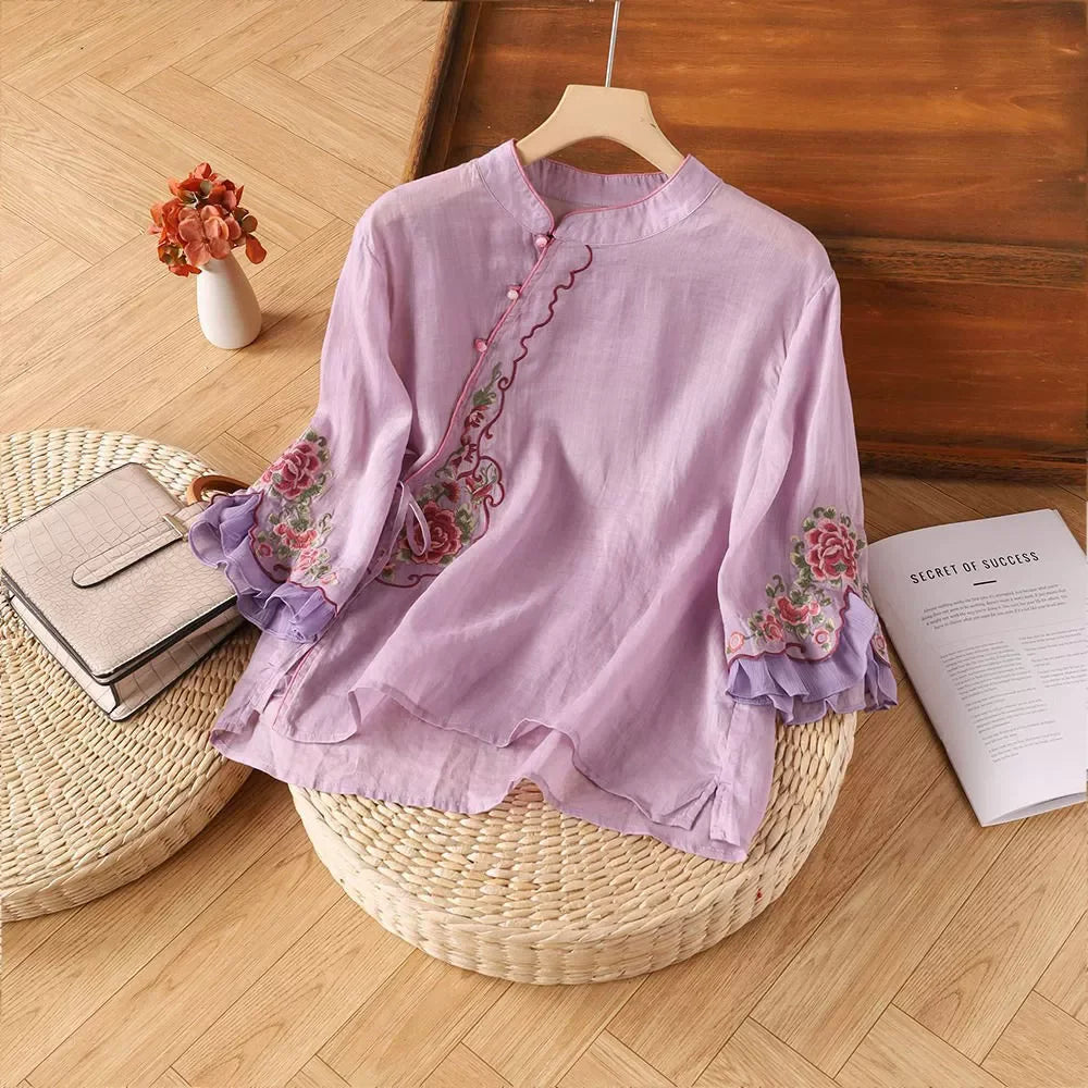 Casual Loose Blouse Shirt Women  Vintage Embroidery Woman Shirt