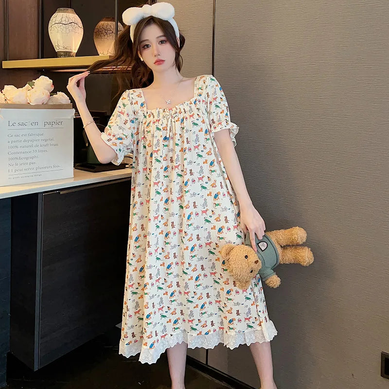 M-5XL Plus Size Sleep Dress for Women Sweet Summer Sleepwear Students Cute Print Nightgown Pajama Sleepshirt
