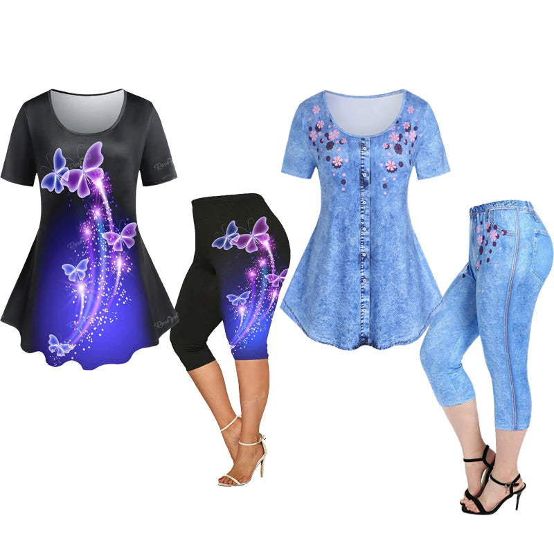 Plus Size 3D Print Tee and Capri Leggings Matching Set for Women Butterfly Floral Pattern Cloth
