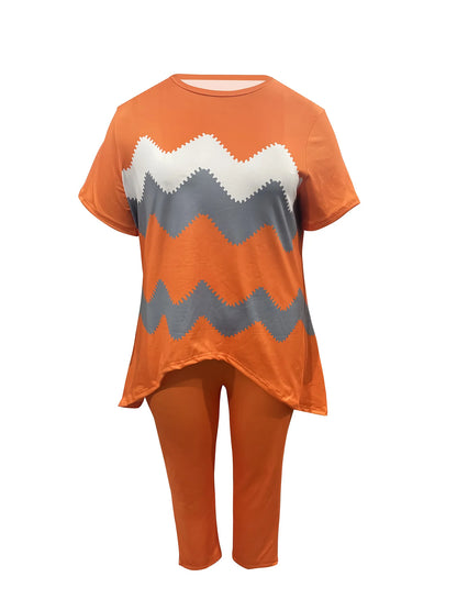 Women's casual polyester striped print short front and long back short sleeve round neck top