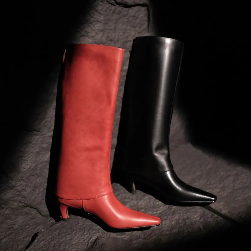 Real Sheepskin Women Knee High Boots Lady Autumn Winter Turned Over Edge Boots