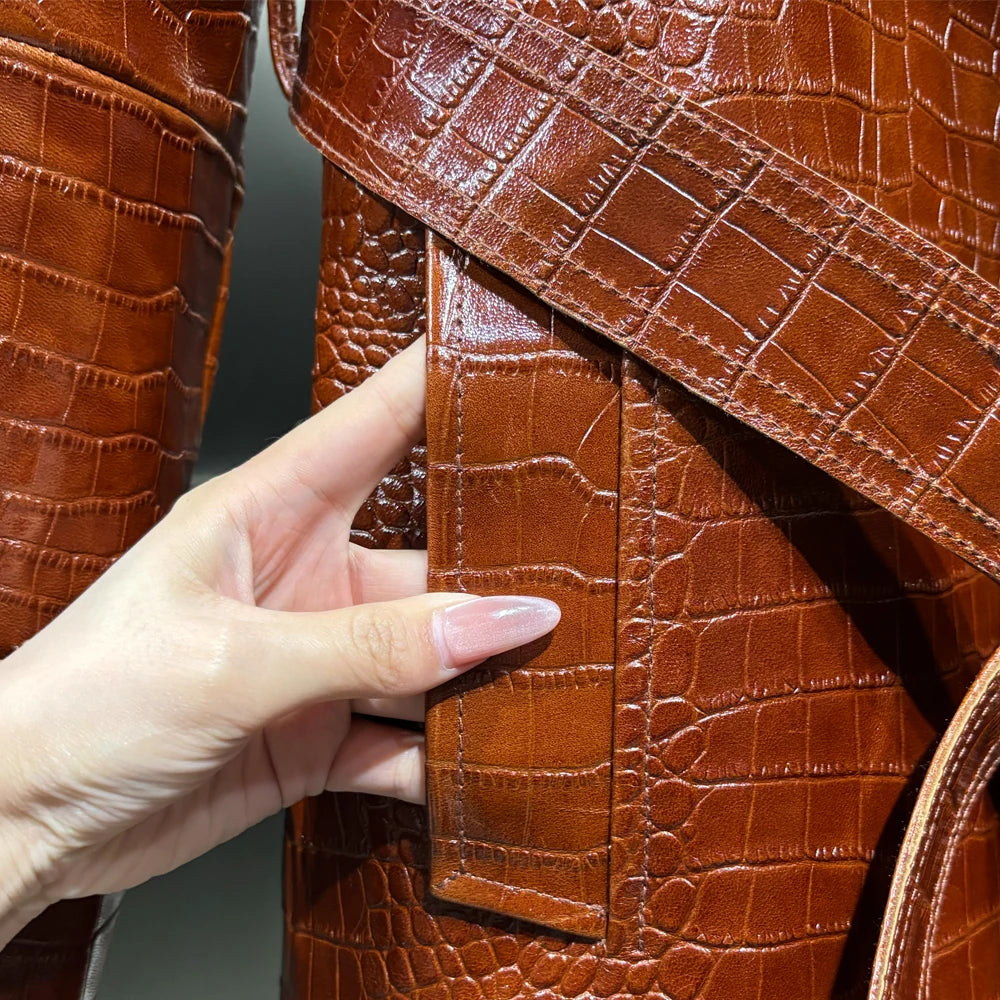 Crocodile Textured Leather Coat Long Ladies Real Sheepskin Coat Genuine Sheep Leather