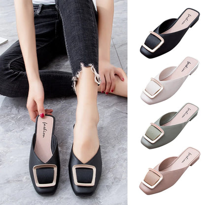 Flat Retro Women Sandals Fashion Spring And Summer Solid Color Round Toe Shoes Non Slip  Simple Metal Women Shoes