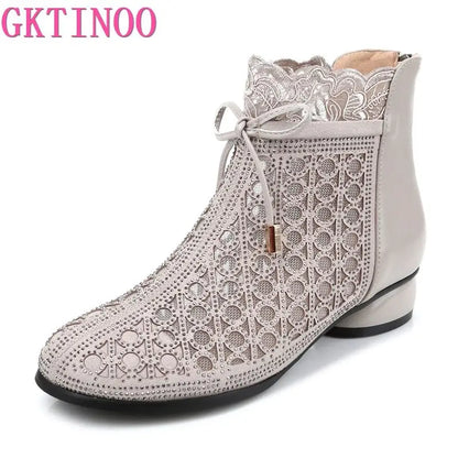 Spring Summer Ankle Boots Rhinestones Sandals Mesh Boots Hollow Women's Shoes Genuine Leather