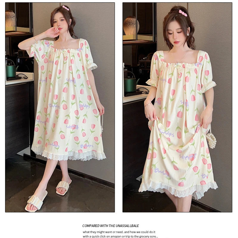 M-5XL Plus Size Sleep Dress for Women Sweet Summer Sleepwear Students Cute Print Nightgown Pajama Sleepshirt