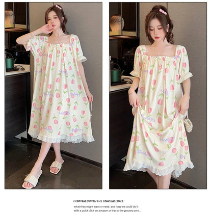 M-5XL Plus Size Sleep Dress for Women Sweet Summer Sleepwear Students Cute Print Nightgown Pajama Sleepshirt
