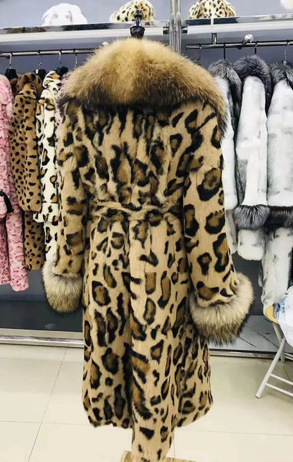 Women Fox Lapel Collar Natural Whole Skin Genuine Fur Long Jacket Real Rabbit Fur Leopard Print Overcoat