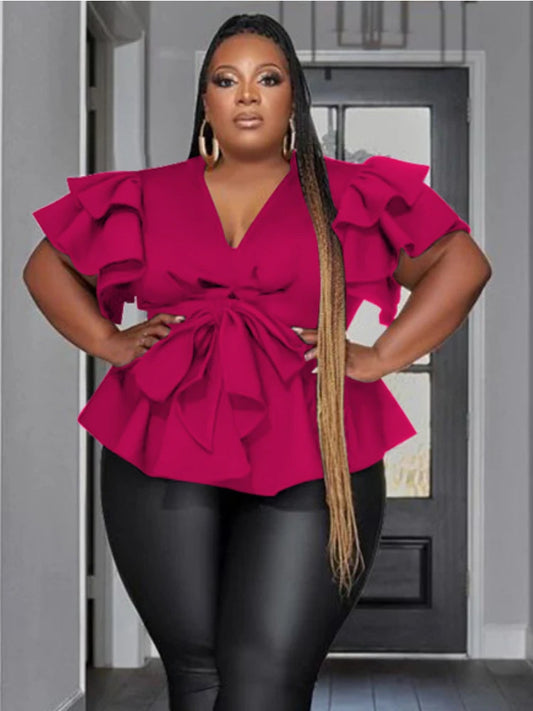 Women Plus Size Tops Elegant Deep V Neck Ruffles Shirts