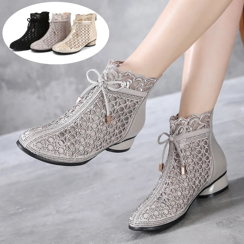 Spring Summer Ankle Boots Rhinestones Sandals Mesh Boots Hollow Women's Shoes Genuine Leather