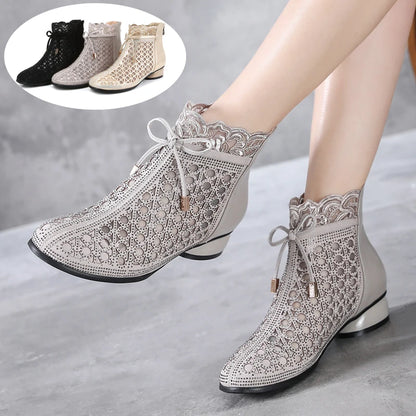 Spring Summer Ankle Boots Rhinestones Sandals Mesh Boots Hollow Women's Shoes Genuine Leather